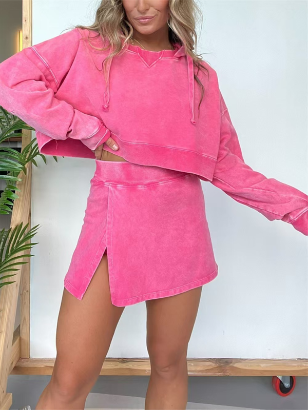 New women's long-sleeved hooded sweatshirt skirt set Rose