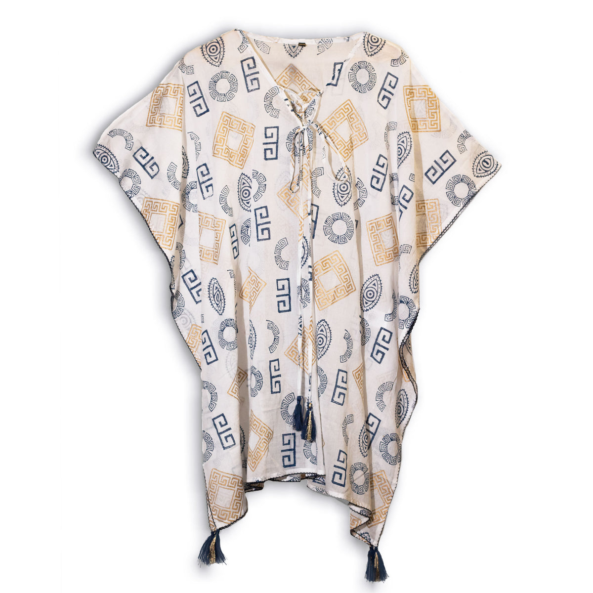 Nomad Sari On the Med Gold & Blue Greek Motif Kaftan - Hand-Painted Coastal Splendour