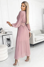 Numoco Beige Chiffon Pleated Long Sleeve Dress with Belt