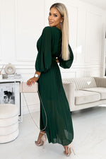 Numoco Beige Chiffon Pleated Long Sleeve Dress with Belt