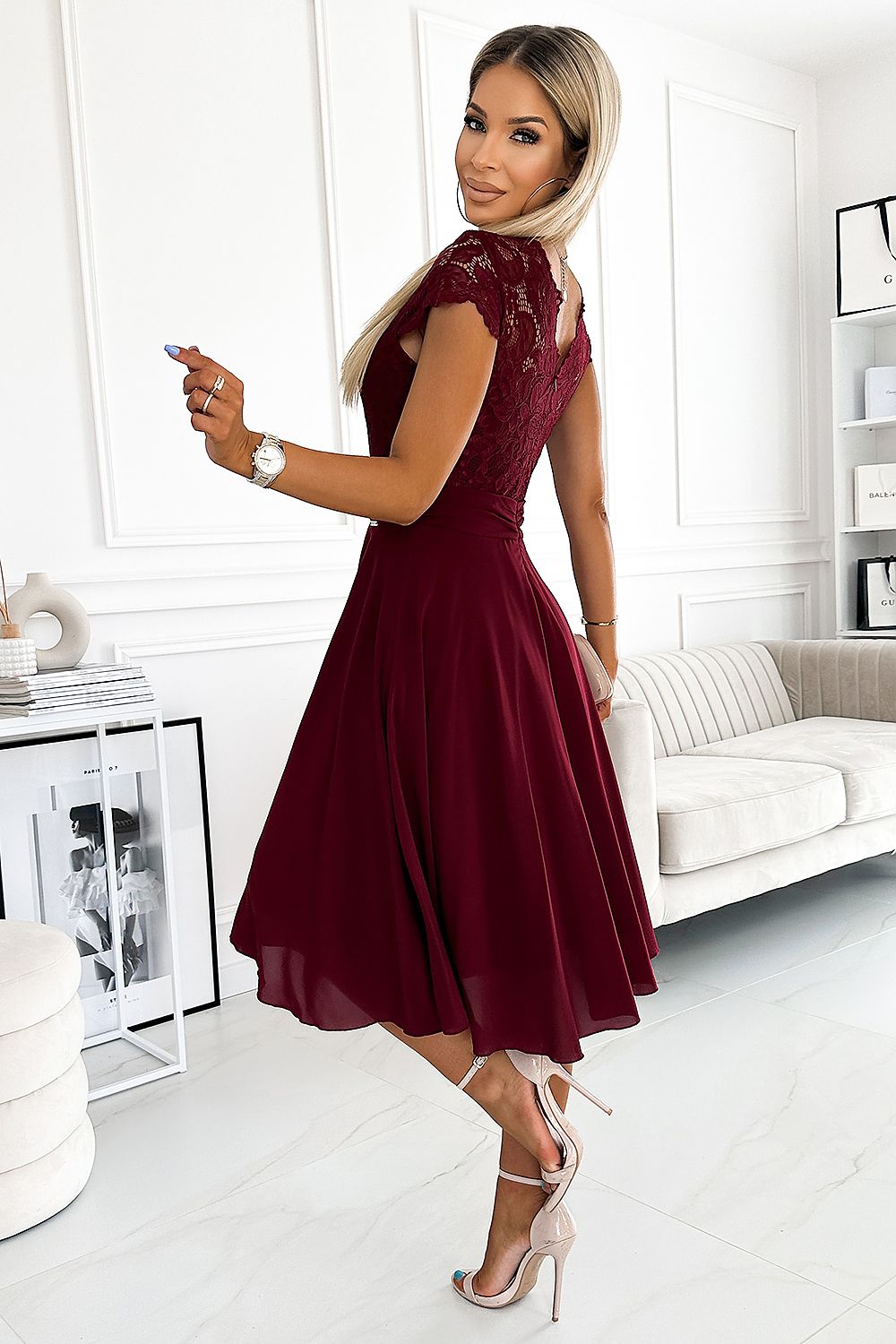 Numoco Chiffon Evening Dress with Lace Neckline