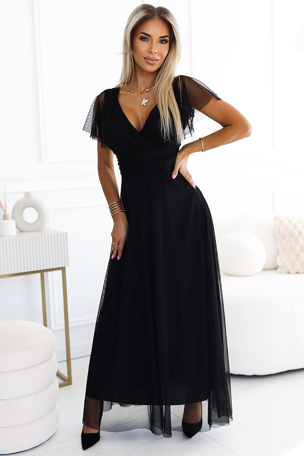 Numoco Nastia Black Tulle Maxi Occasion Dress with Padded Cups black one-size-fits-all
