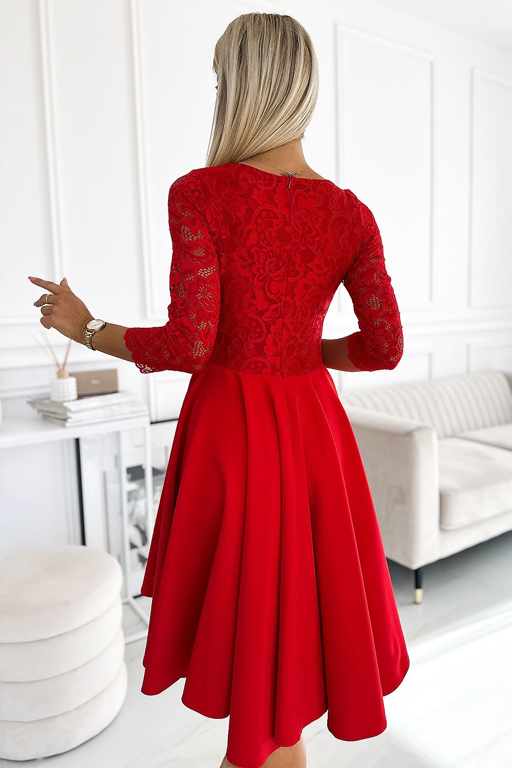 Numoco Nicolle Lace Asymmetrical 3/4 Sleeve Dress