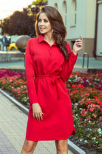 Numoco Camille Tie Waist Shirt Dress with Pockets red