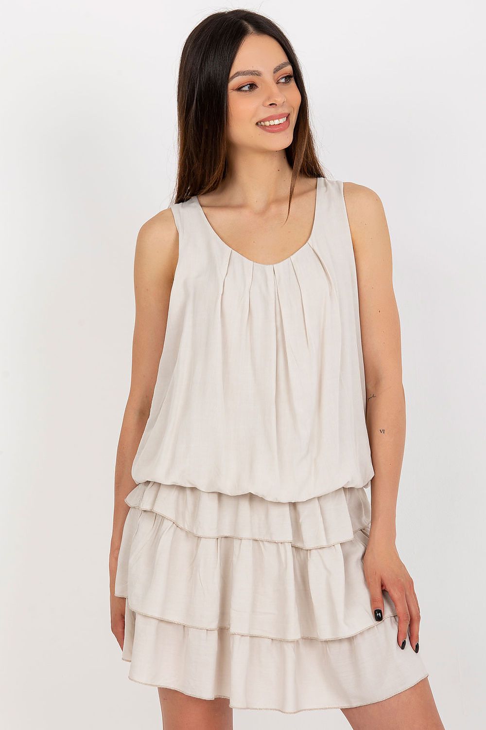 Och Bella Sleeveless Summer Daydress with Round Neckline and Ruffles beige one-size-fits-all
