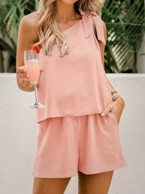 One-shoulder Bow Top Wide-leg Elastic Waist Shorts & Top Co-ord Set Pink