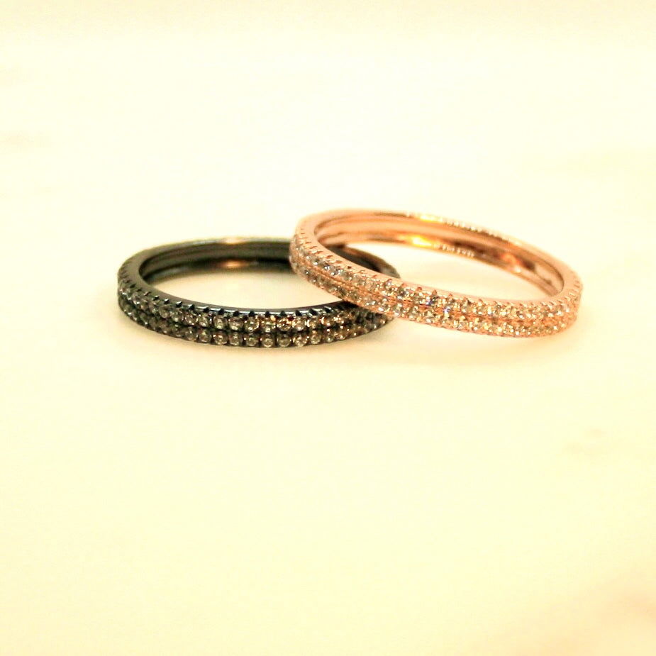 Pave-set Ring with 2 Rows Small Clear Zircon Stones