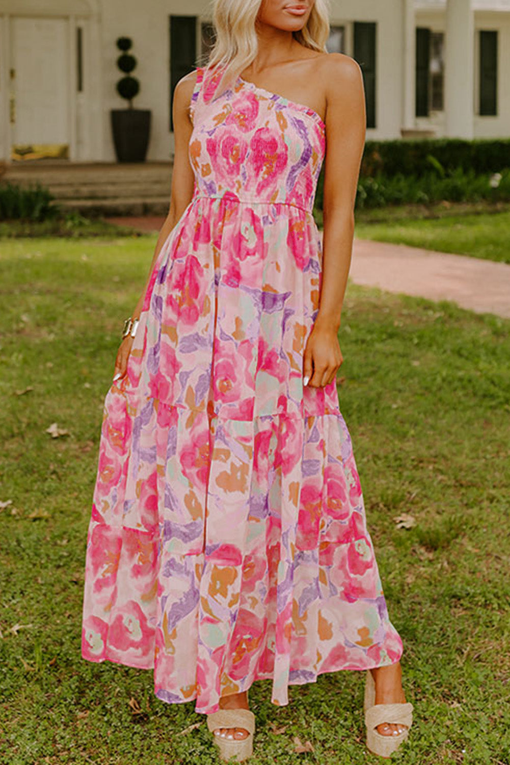 Pink Abstract Floral Print Shirred One Shoulder Maxi Dress Pink 100%Polyester