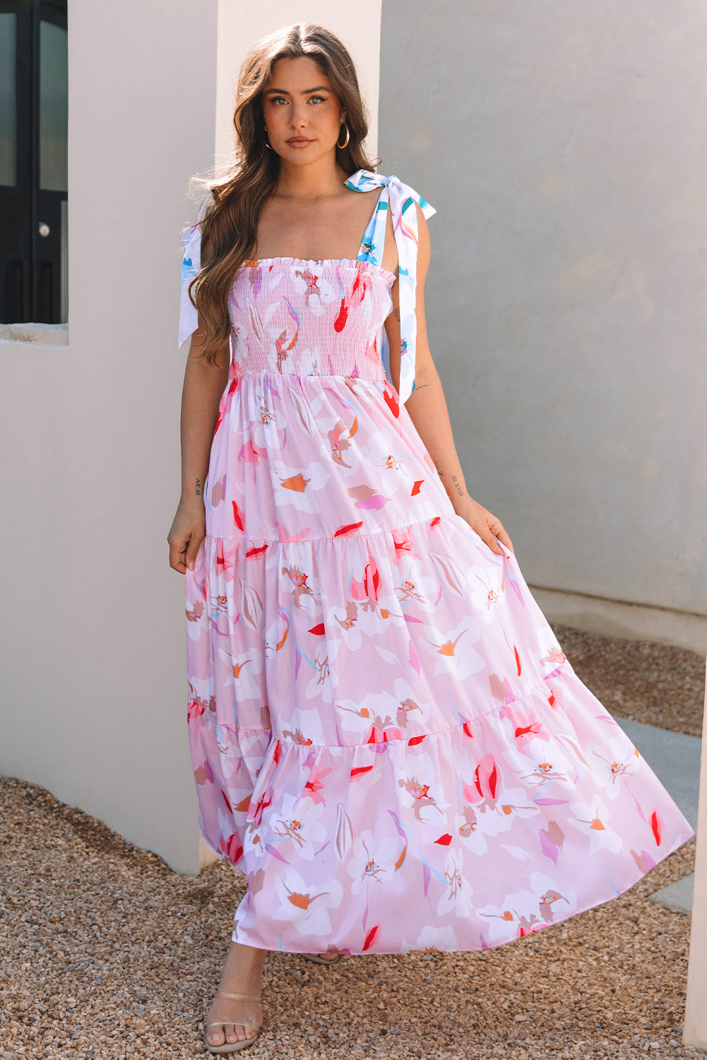 Pink Floral Print Knotted Shoulder Smocked Maxi Dress Pink 100%Polyester