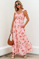 Pink Floral V-Neck Smocked High Waist Ruffle Hem Maxi Dress Pink 100%Polyester