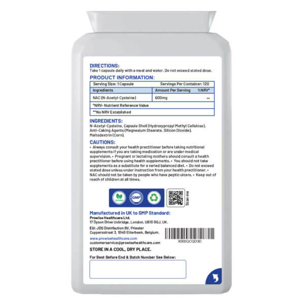 Prowise NAC N-Acetyl-Cysteine 600mg 120 Capsules – UK Made | GMP Standard | Suitable for Vegetarians & Vegans