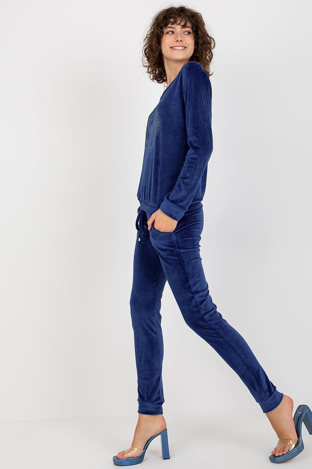 Relevance Velour Loungewear Set with Heart Neckline Blouse and Tie-Waist Pants