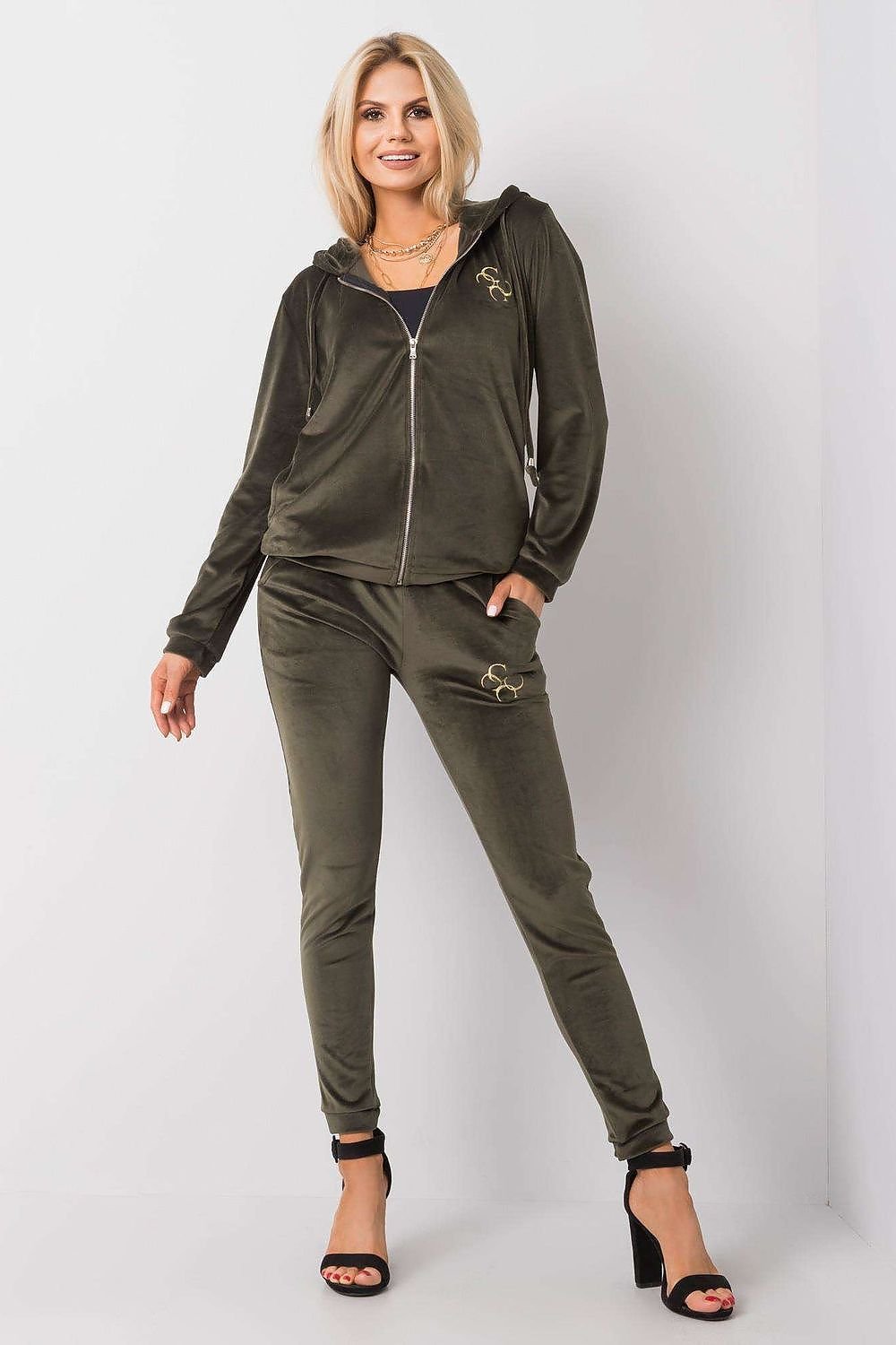 Relevance Velour Loungewear Set with Zip-Up Sweatshirt and Tie-Waist Pants green S M