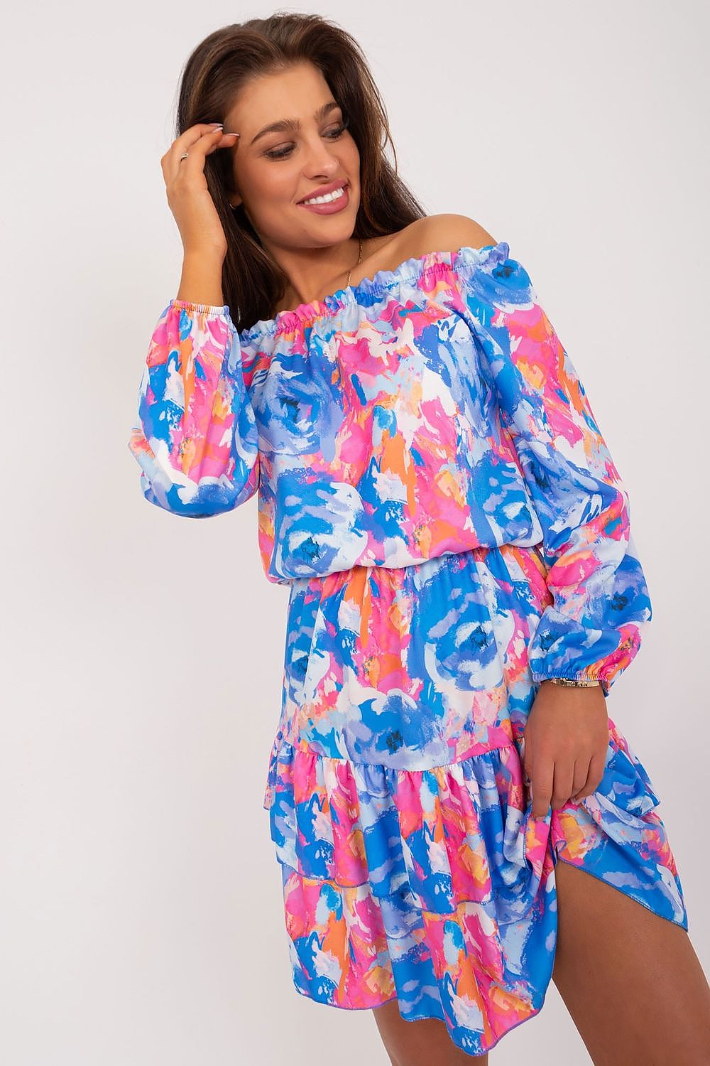 Rue Paris Floral Mini Daydress with Buffet Sleeves and Ruffled Hem multicolor