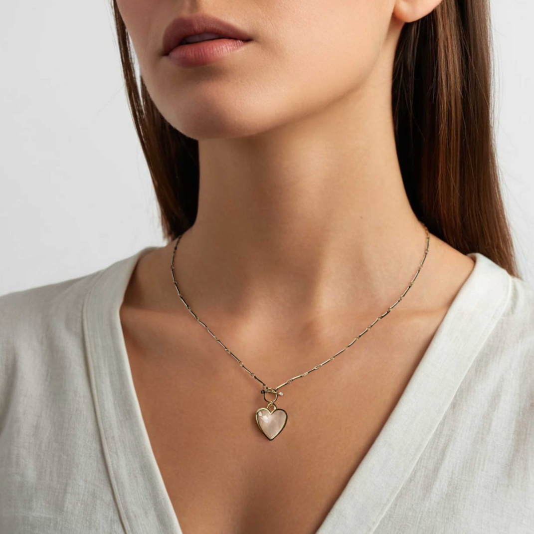 Sanora Luxe 18k Gold Plated Rose Quartz T Bar Heart Necklace