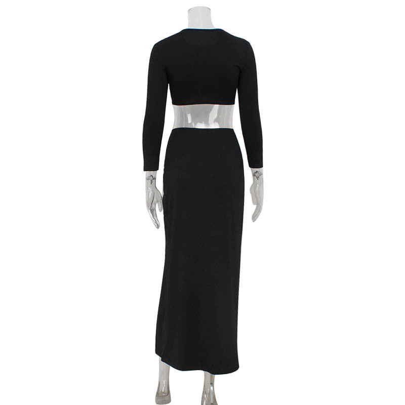 Sexy Navel Leopard Print Long Sleeve Long Skirt Top Co-ord Set