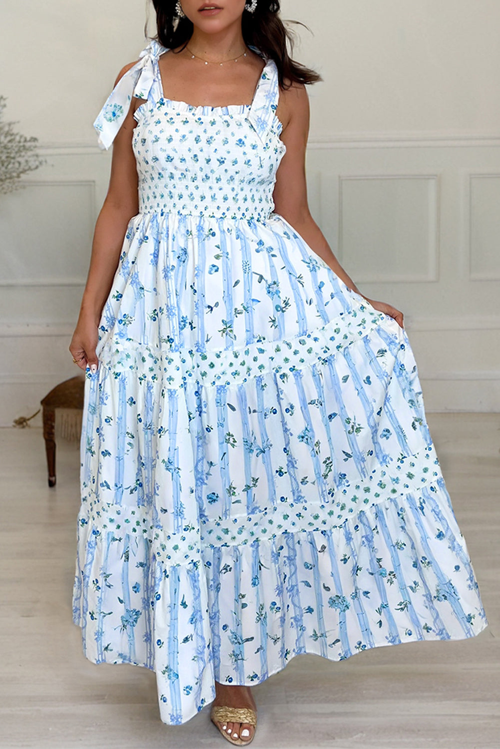 Sky Blue Floral Smocked Tied Straps A-Line Tiered Spring / Summer Maxi Dress Blue 100%Polyester