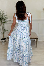 Sky Blue Floral Smocked Tied Straps A-Line Tiered Spring / Summer Maxi Dress