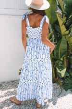 Sky Blue Floral Smocked Tied Straps A-Line Tiered Spring / Summer Maxi Dress