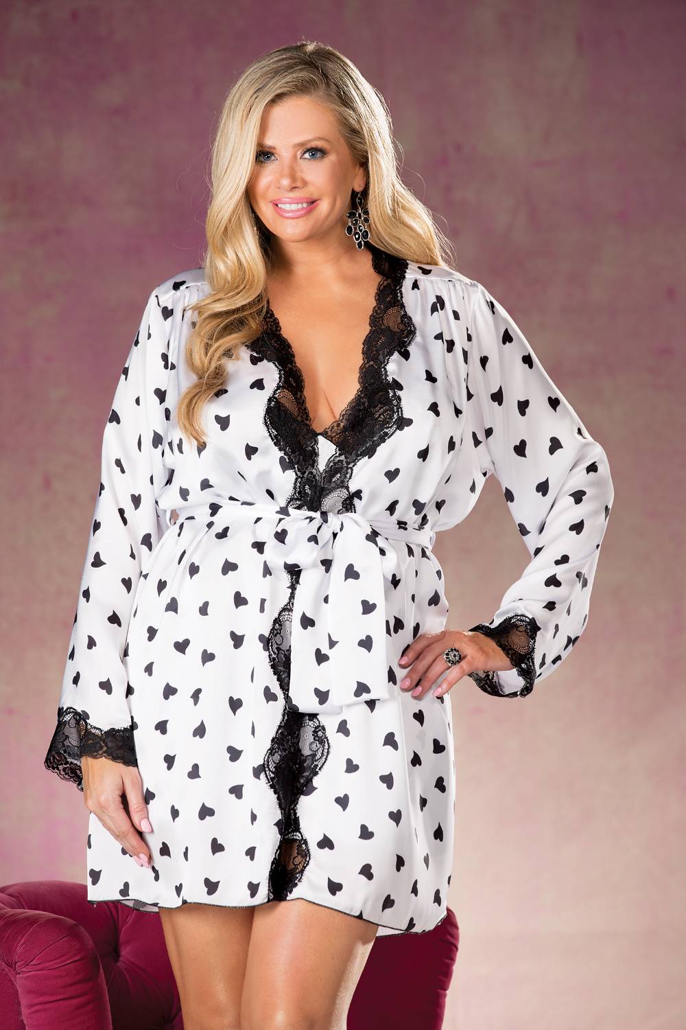 Shirley of Hollywood Plus Size Heart Print & Black Lace Trim White Robe