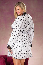 Shirley of Hollywood Plus Size Heart Print & Black Lace Trim White Robe