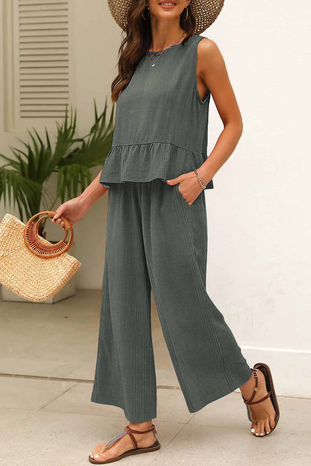 Solid Color Ribbed Ruffle Tank Top & Trousers Co-ord Set Duffel Green 95%Polyester+5%Elastane