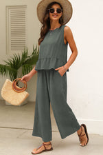 Solid Color Ribbed Ruffle Tank Top & Trousers Co-ord Set