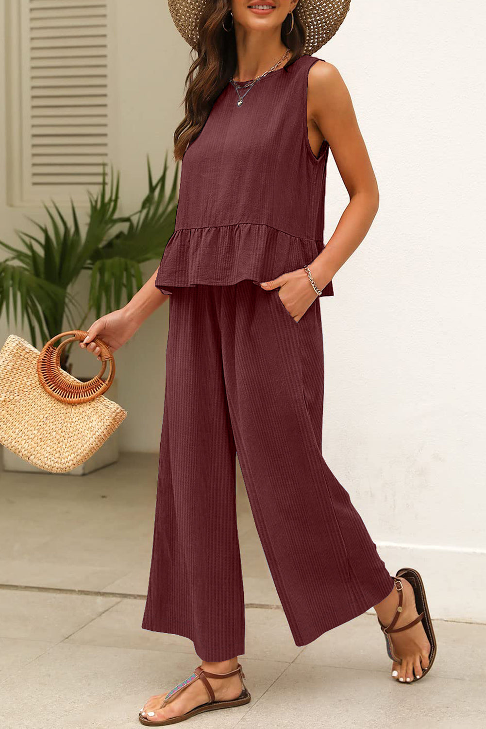 Solid Color Ribbed Ruffle Tank Top & Trousers Co-ord Set Red Dahlia 95%Polyester+5%Elastane