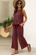 Solid Color Ribbed Ruffle Tank Top & Trousers Co-ord Set