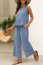 Solid Color Ribbed Ruffle Tank Top & Trousers Co-ord Set Beau Blue 95%Polyester+5%Elastane