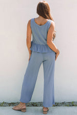Solid Color Ribbed Ruffle Tank Top & Trousers Co-ord Set