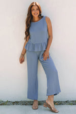 Solid Color Ribbed Ruffle Tank Top & Trousers Co-ord Set