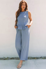 Solid Color Ribbed Ruffle Tank Top & Trousers Co-ord Set