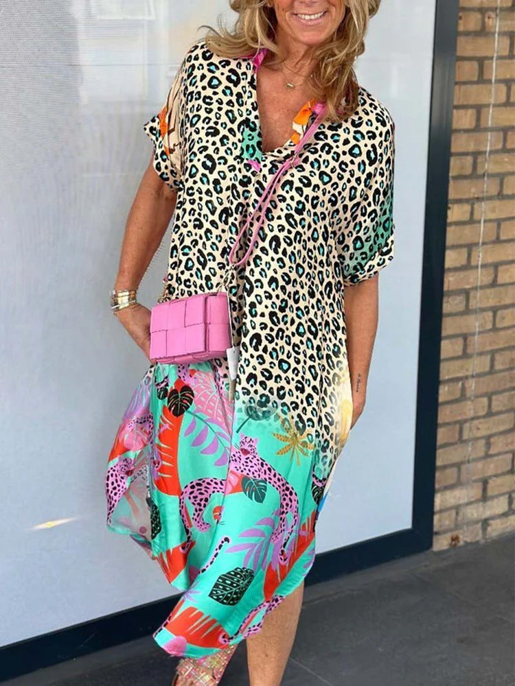 Summer Fashion Women's Semi-Open Collar Print Loose Dress Turquoise