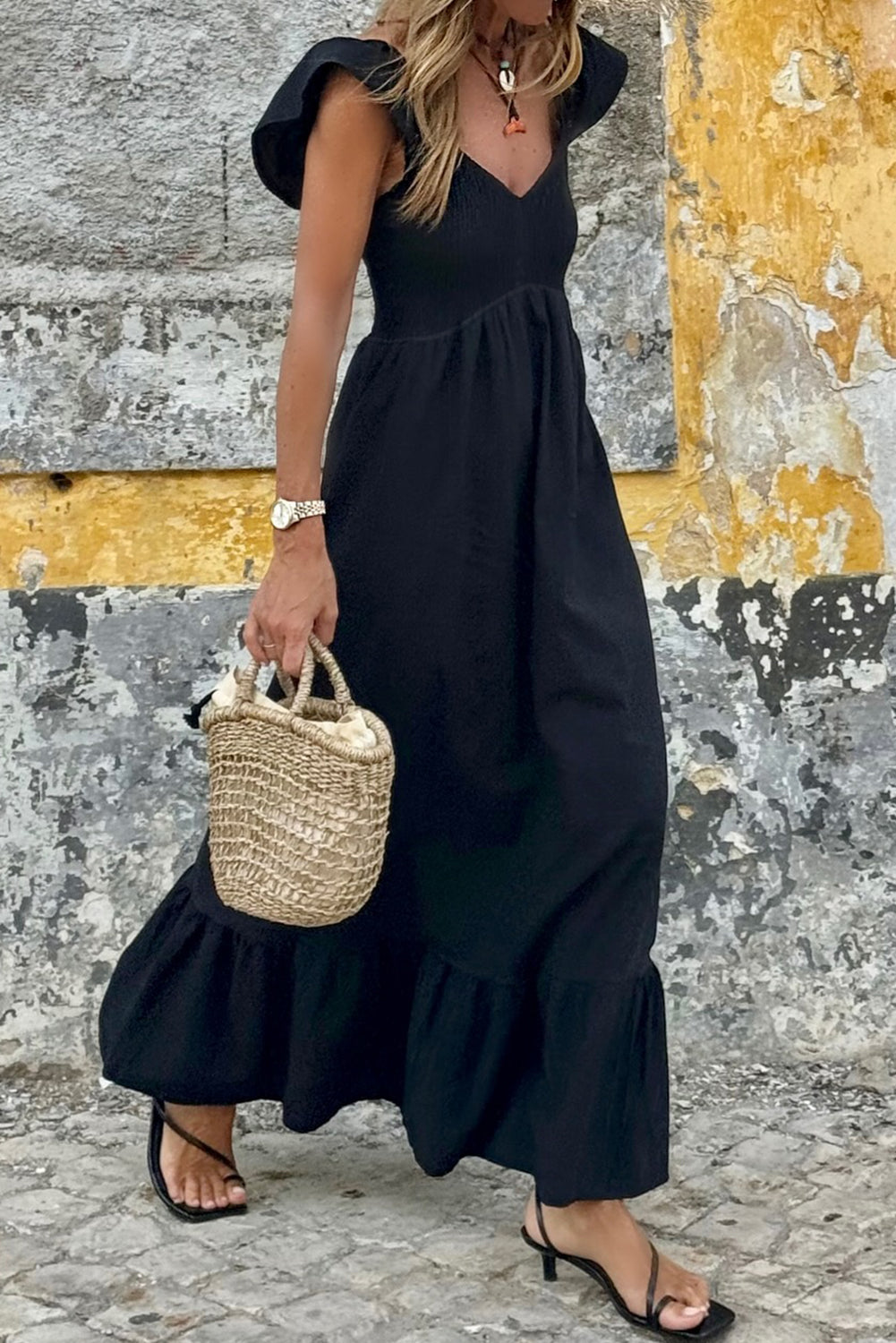 V Neck Flutter Sleeve Smocked Bodice High Waist Ruffle Maxi Dress Black 100%Cotton