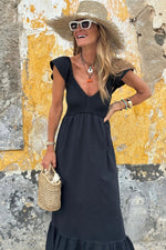 V Neck Flutter Sleeve Smocked Bodice High Waist Ruffle Maxi Dress