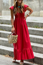V Neck Flutter Sleeve Smocked Bodice High Waist Ruffle Maxi Dress Fiery Red 100%Cotton