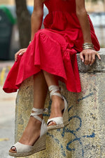 V Neck Flutter Sleeve Smocked Bodice High Waist Ruffle Maxi Dress