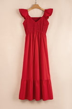 V Neck Flutter Sleeve Smocked Bodice High Waist Ruffle Maxi Dress