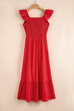 V Neck Flutter Sleeve Smocked Bodice High Waist Ruffle Maxi Dress