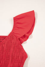 V Neck Flutter Sleeve Smocked Bodice High Waist Ruffle Maxi Dress