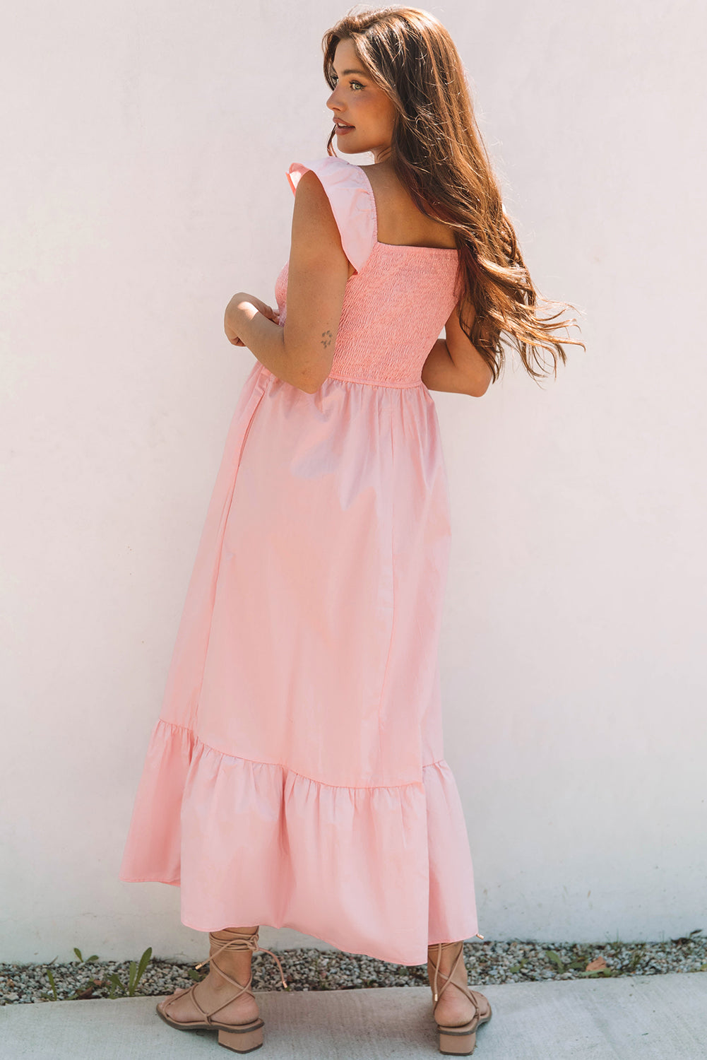 V Neck Flutter Sleeve Smocked Bodice High Waist Ruffle Maxi Dress