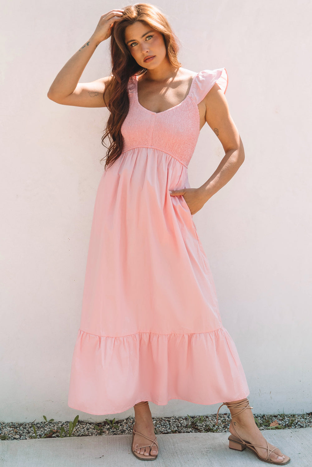 V Neck Flutter Sleeve Smocked Bodice High Waist Ruffle Maxi Dress