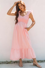 V Neck Flutter Sleeve Smocked Bodice High Waist Ruffle Maxi Dress