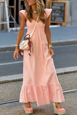 V Neck Flutter Sleeve Smocked Bodice High Waist Ruffle Maxi Dress