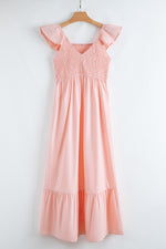 V Neck Flutter Sleeve Smocked Bodice High Waist Ruffle Maxi Dress