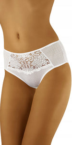 Wolbar Eco-Le lace panel briefs in white on a model