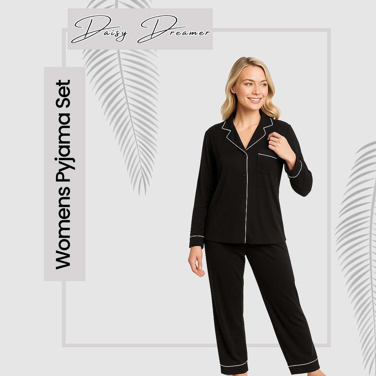 Daisy Dreamer Black Pyjama Set - Soft Touch Button-Up Top & Bottoms