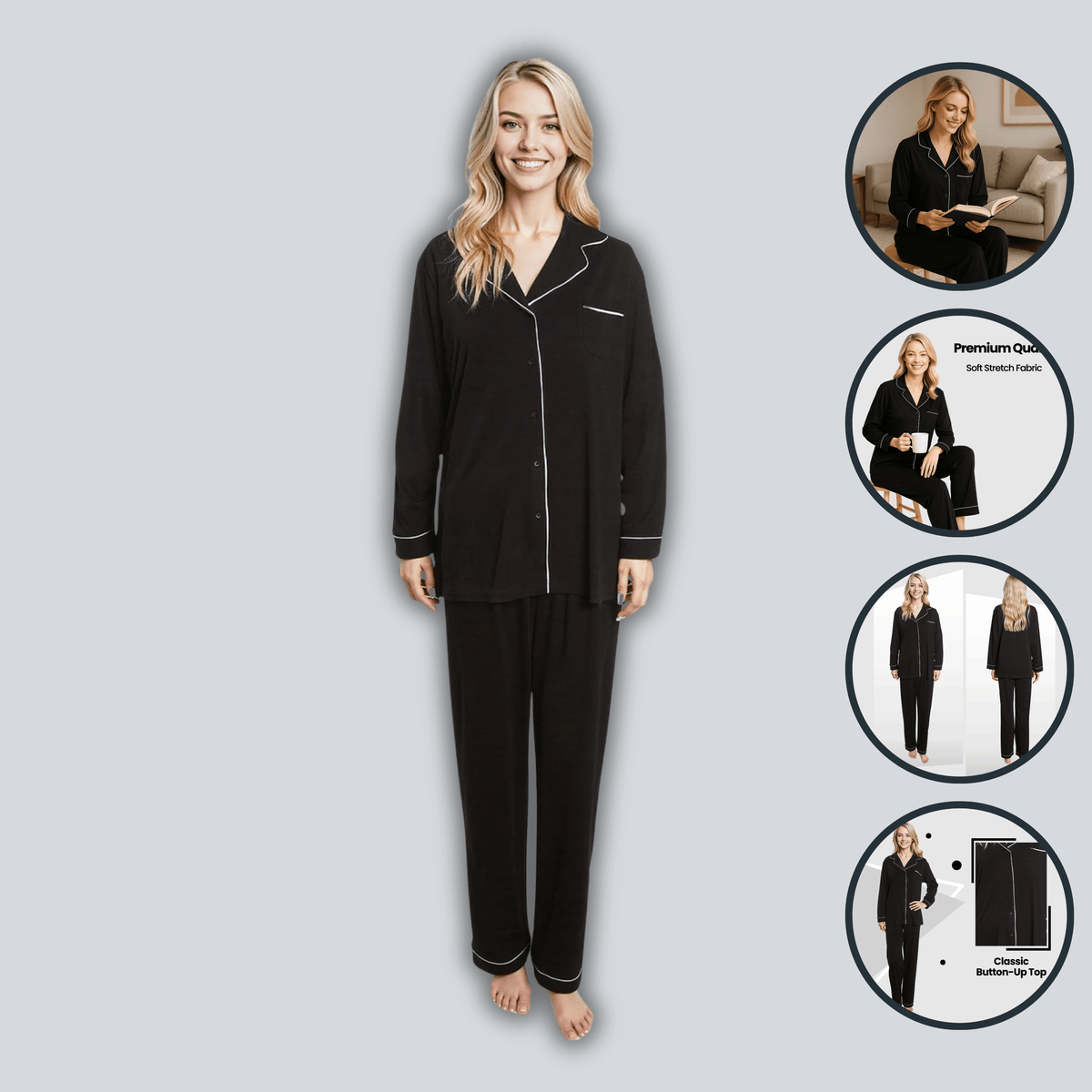 Daisy Dreamer Black Pyjama Set - Soft Touch Button-Up Top & Bottoms