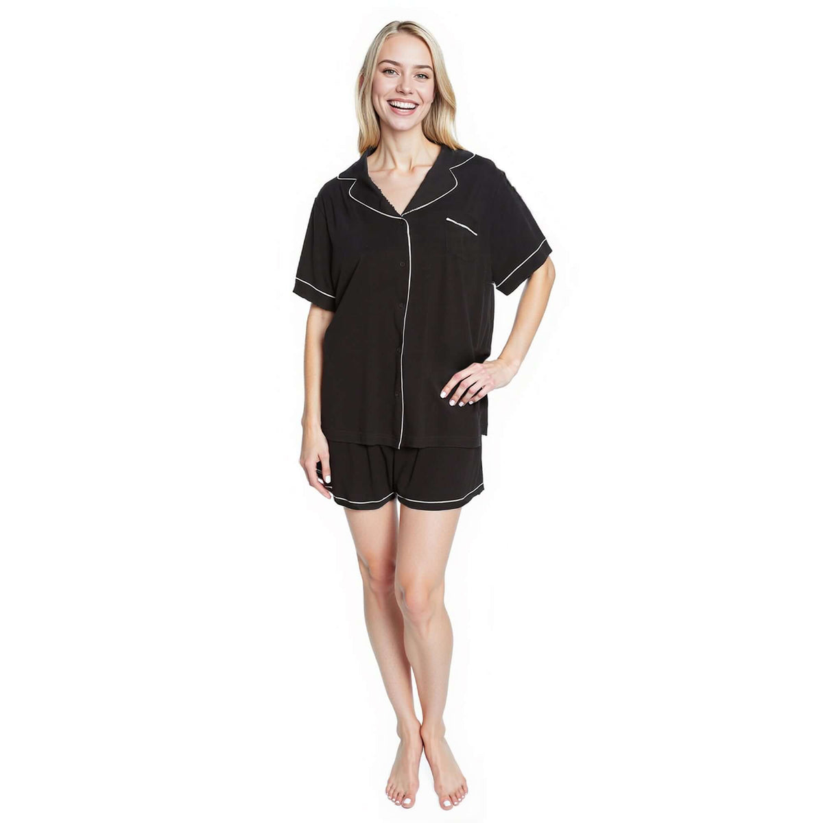 Daisy Dreamer Black Short Pyjama Set - Soft Button-Up Top & Shorts with Pockets BLACK